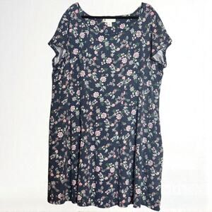 Ella Simone Short Sleeve Dress Plus Size 3X Blue Pink Floral Knee Length Cottage